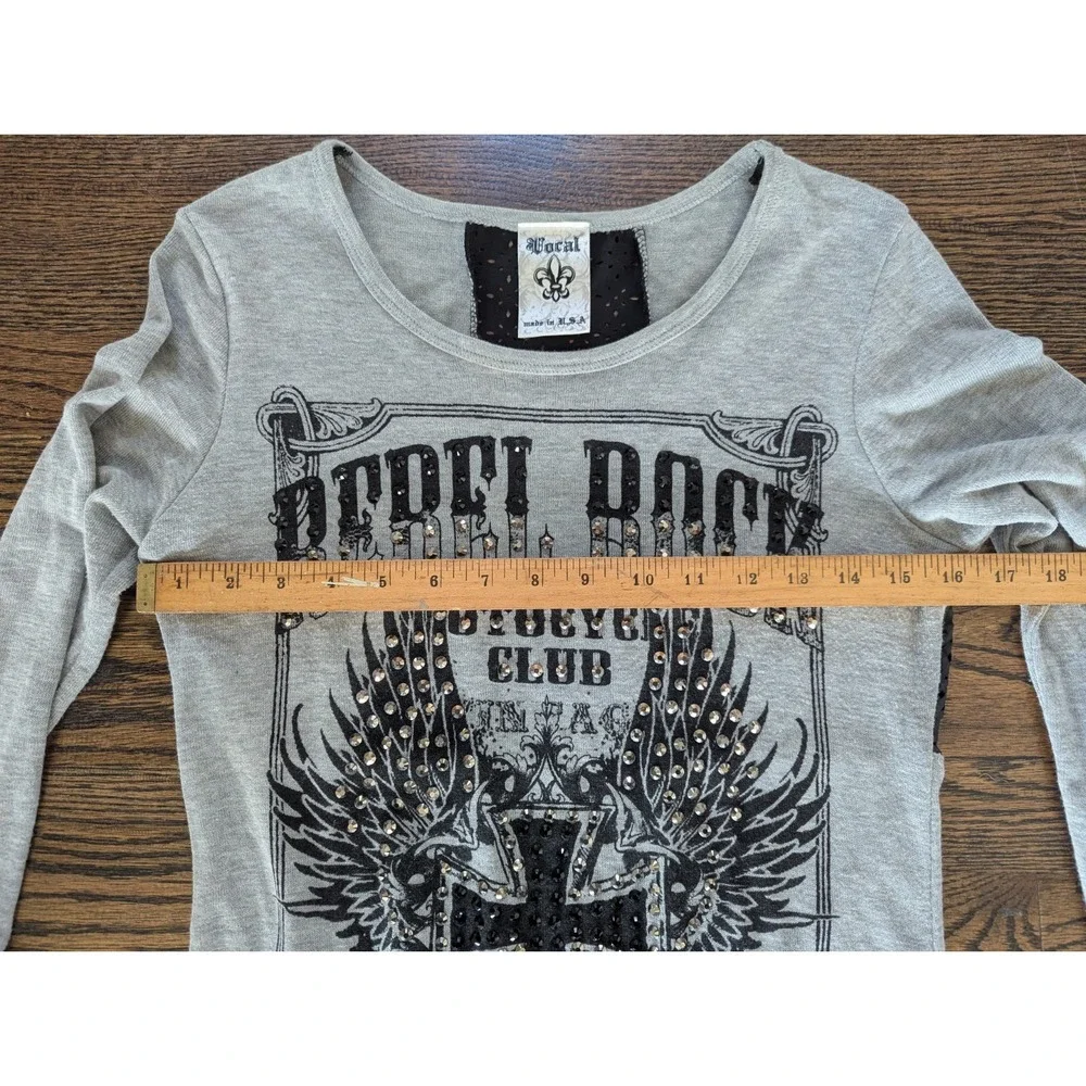USA VOCAL Womens Rebel Rock ANGEL WINGS Motorcycle Club Cross SHIRT Size M Y2K